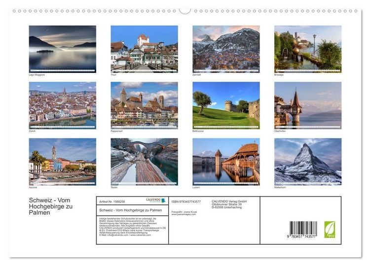 Produktbild: Schweiz - Vom Hochgebirge zu Palmen (hochwertiger Premium Wandkalender 2026 DIN A2 quer), Kunstdruck in Hochglanz