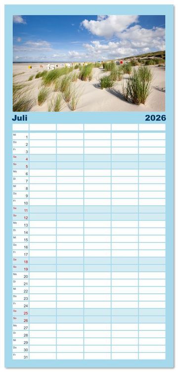 Produktbild: Familienplaner 2026 - Ostfriesische Inseln - Borkum, Norderney, Juist, Baltrum, Langeoog, Spiekeroog, Wangerooge mit 5 Spalten (Wandkalender, 21 x 45 cm) CALVENDO