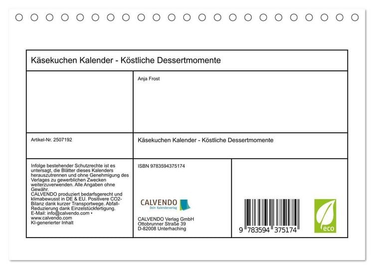 Produktbild: K&auml;sekuchen Kalender - K&ouml;stliche Dessertmomente (Tischkalender 2027 DIN A5 quer), CALVENDO Monatskalender