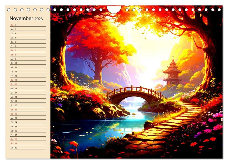 Produktbild: Manga-Landschaften: Ein visueller Ausflug durch Fantasiewelten (Wandkalender 2026 DIN A4 quer), CALVENDO Monatskalender