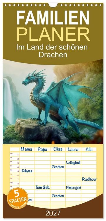 Produktbild: Familienplaner 2027 - Im Land der sch&ouml;nen Drachen mit 5 Spalten (Wandkalender, 21 x 45 cm) CALVENDO