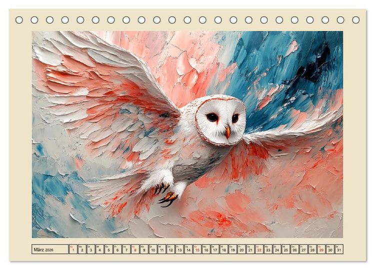 Produktbild: Bunte Eulenpoesie. Kunstvolle V&ouml;gel in &Ouml;lgem&auml;lde-Optik (Tischkalender 2026 DIN A5 quer), CALVENDO Monatskalender