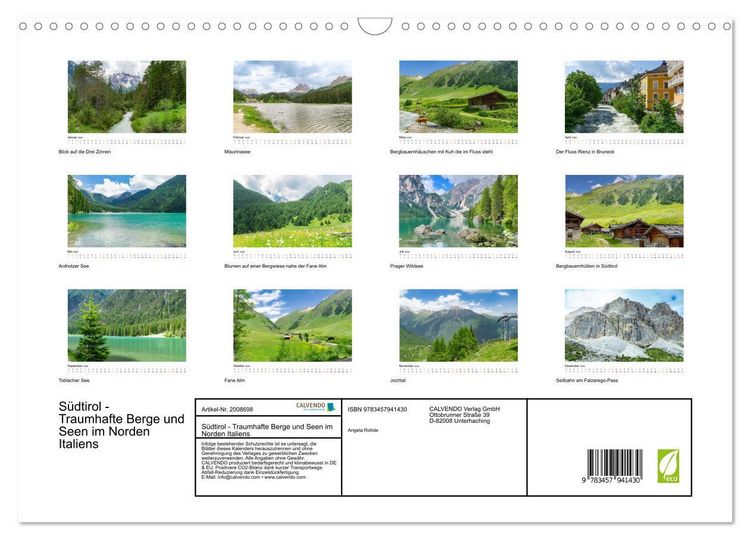 Produktbild: S&uuml;dtirol - Traumhafte Berge und Seen im Norden Italiens (Wandkalender 2026 DIN A3 quer), CALVENDO Monatskalender