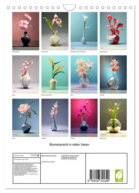 Produktbild: Blumenpracht in edlen Vasen (Wandkalender 2026 DIN A4 hoch), CALVENDO Monatskalender