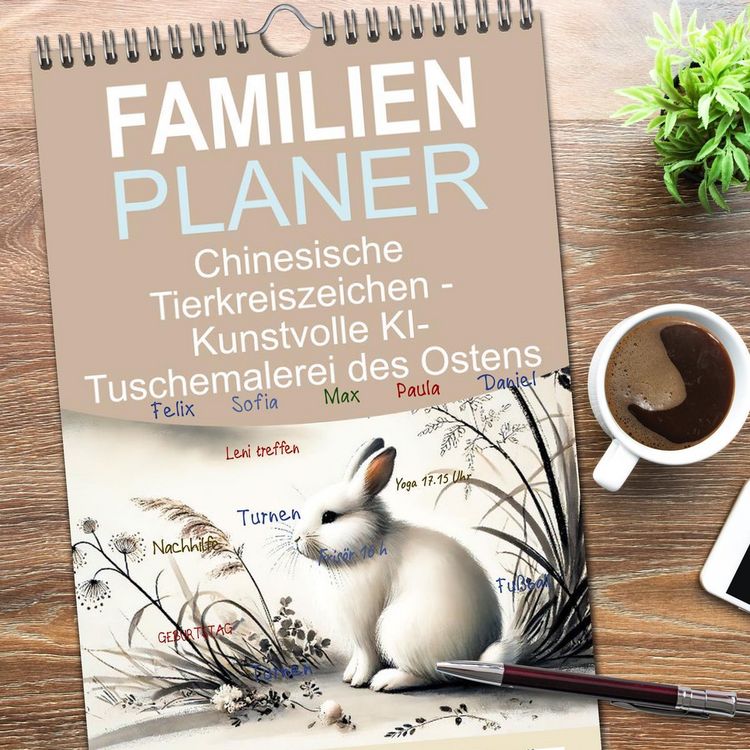 Produktbild: Familienplaner 2026 - Chinesische Tierkreiszeichen - Kunstvolle KI-Tuschemalerei des Ostens mit 5 Spalten (Wandkalender, 21 x 45 cm) CALVENDO