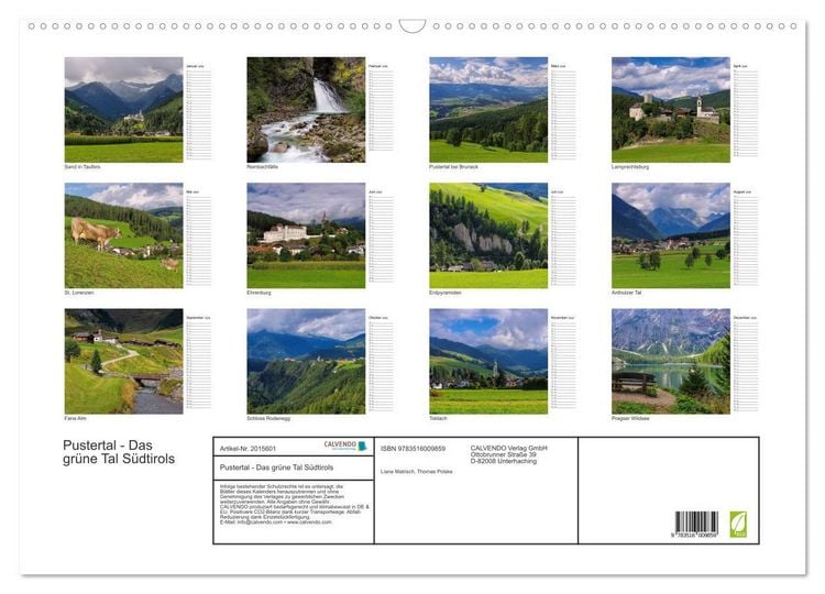 Produktbild: Pustertal - Das gr&uuml;ne Tal S&uuml;dtirols (Wandkalender 2026 DIN A2 quer), CALVENDO Monatskalender