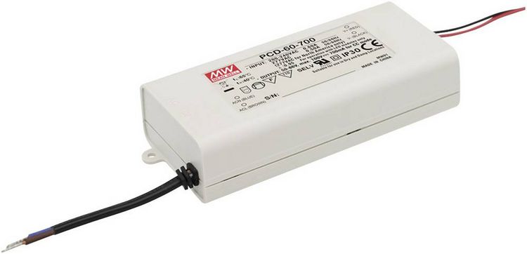 Produktbild: Mean Well PCD-60-700B LED-Treiber Konstantstrom 60W 0.7A 50 - 86 V/DC dimmbar, PFC-Schaltkreis, &Uuml;berlastschutz, Montage auf