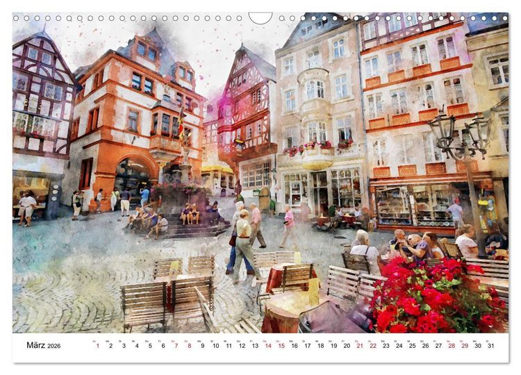Produktbild: Bernkastel-Kues - Stadtrundgang in Aquarell (Wandkalender 2026 DIN A3 quer), CALVENDO Monatskalender