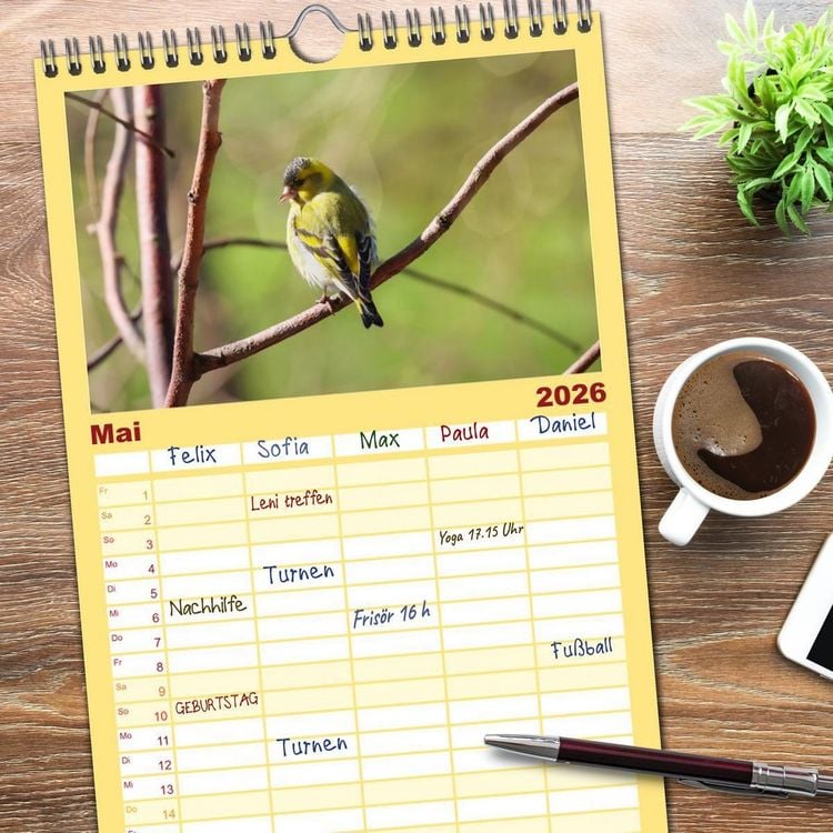 Produktbild: Familienplaner 2026 - Erlenzeisige mit 5 Spalten (Wandkalender, 21 x 45 cm) CALVENDO
