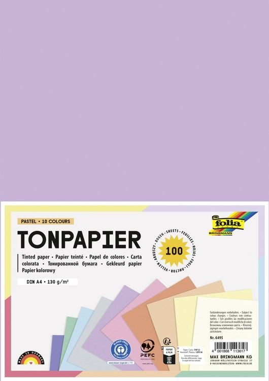 Produktbild: Folia Tonpapier PASTELL, DIN A4, 100 Blatt in 10 Farben sortiert