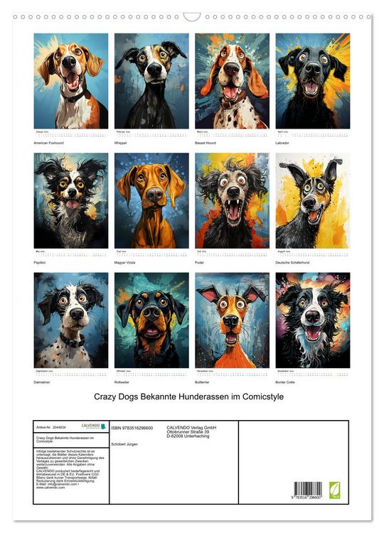 Produktbild: Crazy Dogs Bekannte Hunderassen im Comicstyle (Wandkalender 2026 DIN A2 hoch), CALVENDO Monatskalender