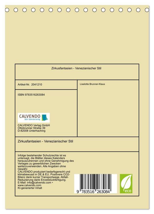 Produktbild: Zirkusfantasien - Venezianischer Stil (Tischkalender 2026 DIN A5 hoch), CALVENDO Monatskalender