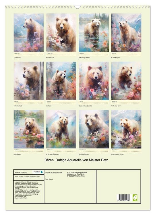 Produktbild: B&auml;ren. Duftige Aquarelle von Meister Petz (Wandkalender 2026 DIN A2 hoch), CALVENDO Monatskalender