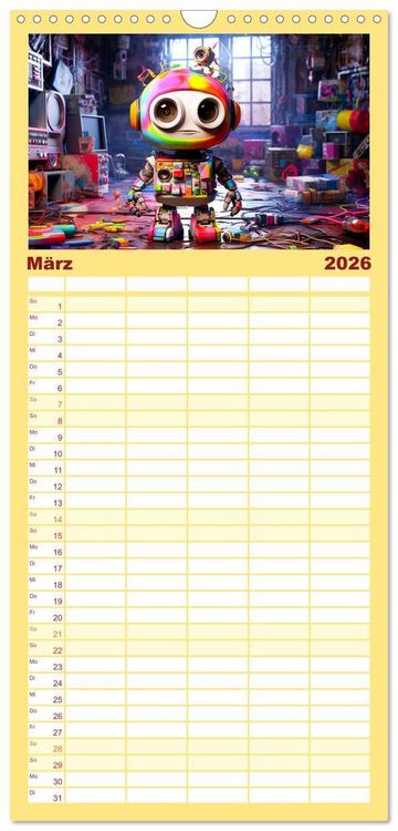 Produktbild: Familienplaner 2026 - Die Welt der kleinen Robots mit 5 Spalten (Wandkalender, 21 x 45 cm) CALVENDO