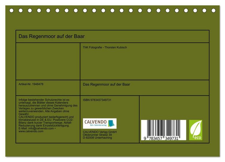 Produktbild: Das Regenmoor auf der Baar (Tischkalender 2026 DIN A5 quer), CALVENDO Monatskalender