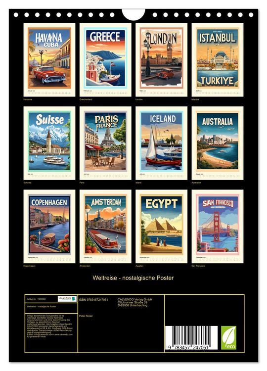 Produktbild: Weltreise - nostalgische Poster (Wandkalender 2026 DIN A4 hoch), CALVENDO Monatskalender