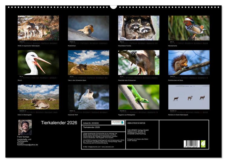 Produktbild: Tierkalender 2026 (Wandkalender 2026 DIN A2 quer), CALVENDO Monatskalender