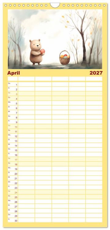 Produktbild: Familienplaner 2027 - B&auml;rige Illustrationen mit 5 Spalten (Wandkalender, 21 x 45 cm) CALVENDO