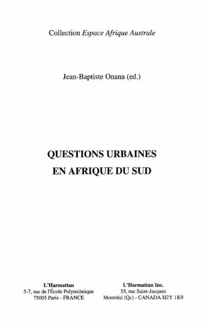 Produktbild: Questions Urbaines En Afrique Du Sud