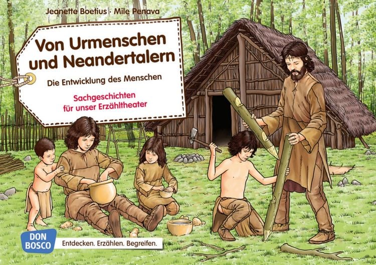 Produktbild: Von Urmenschen und Neandertalern. Die Entwicklung des Menschen. Kamishibai Bildkartenset.