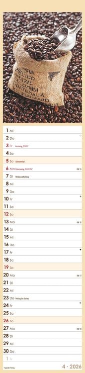 Produktbild: Küchenplaner Kaffee 2026 - Streifen-Kalender 11,3x49x5 cm - Kaffeekalender - mit leckeren Rezepten - Wandplaner - Küchenkalender - Alpha Edition