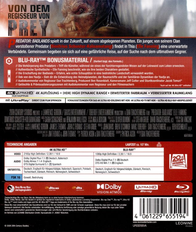 Produktbild: Predator: Badlands (4K Ultra HD) (+ Blu-ray)