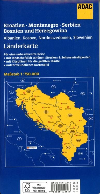 Produktbild: ADAC Länderkarte Kroatien, Montenegro, Serbien, Bosnien u. Herzegowina 1:750.000