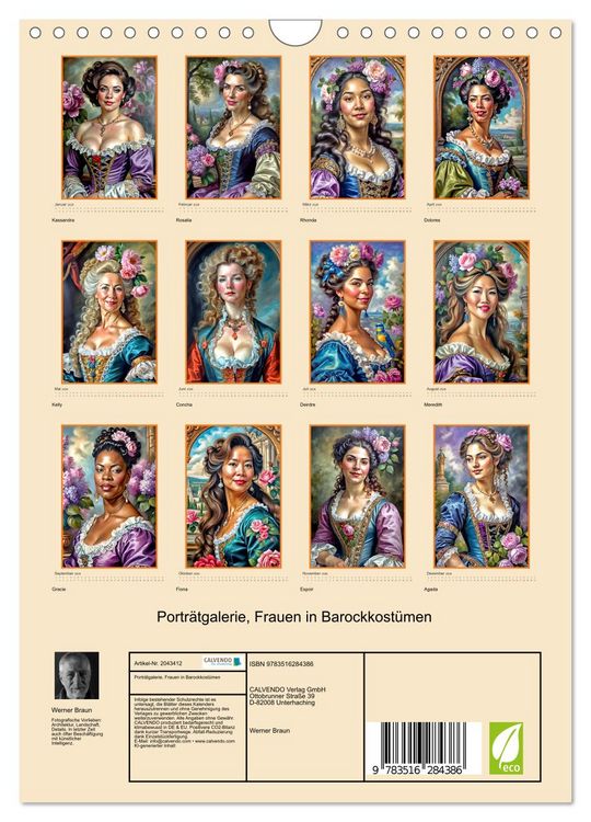 Produktbild: Portr&auml;tgalerie, Frauen in Barockkost&uuml;men (Wandkalender 2026 DIN A4 hoch), CALVENDO Monatskalender