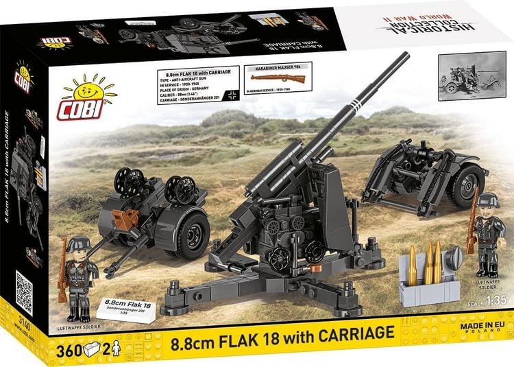 Produktbild: COBI Historical Collection 3140 - 8.8 cm Flak 18 with Carriage, WWII, Bausatz 1:35, 360/2 Klemmbausteine