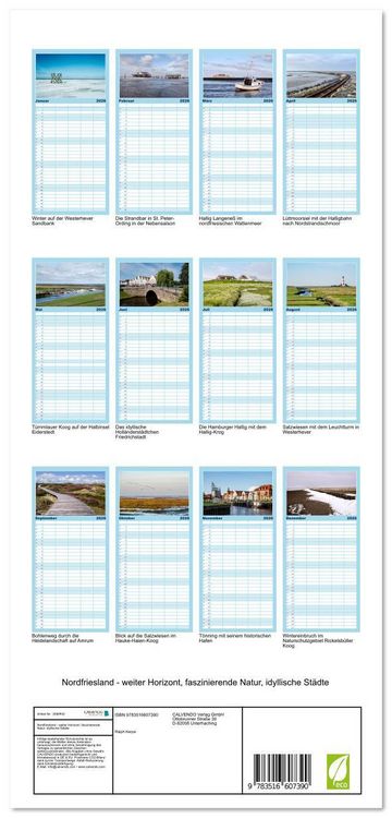 Produktbild: Familienplaner 2026 - Nordfriesland - weiter Horizont, faszinierende Natur, idyllische St&auml;dte mit 5 Spalten (Wandkalender, 21 x 45 cm) CALVENDO
