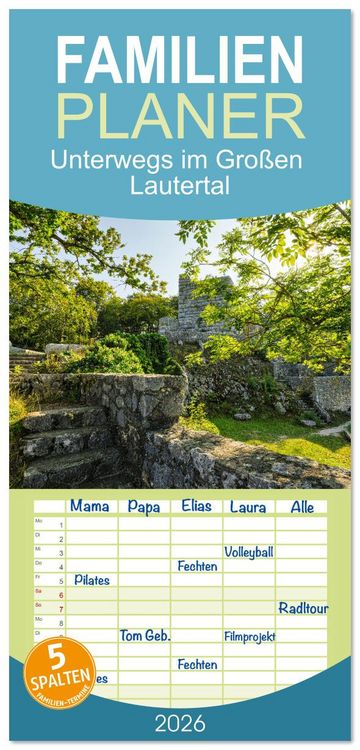 Produktbild: Familienplaner 2026 - Unterwegs im Gro&szlig;en Lautertal mit 5 Spalten (Wandkalender, 21 x 45 cm) CALVENDO