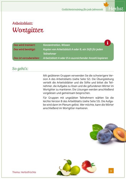Produktbild: Ged&auml;chtnistraining f&uuml;r jede Jahreszeit - Herbst. F&uuml;r Senioren. Auch mit Demenz. Mit Kopiervorlagen