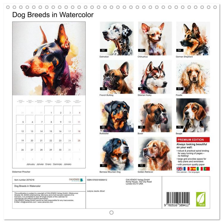 Produktbild: Dog Breeds in Watercolor (Wall Calendar 2026 12 &times; 12 Inch) CALVENDO 12 Month Wall Calendar