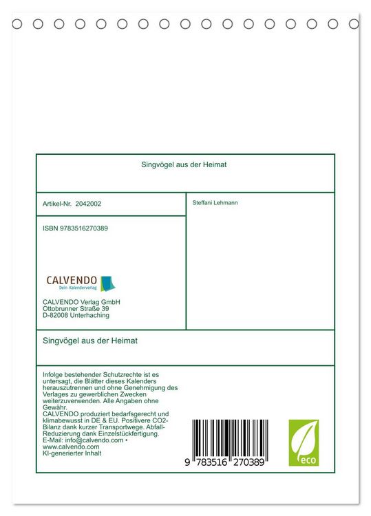 Produktbild: Singv&ouml;gel aus der Heimat (Tischkalender 2026 DIN A5 hoch), CALVENDO Monatskalender