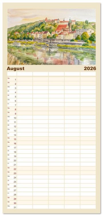 Produktbild: Familienplaner 2026 - Dresden und das Elbtal - Ein Aquarellkalender von Claudia Pinkau mit 5 Spalten (Wandkalender, 21 x 45 cm) CALVENDO