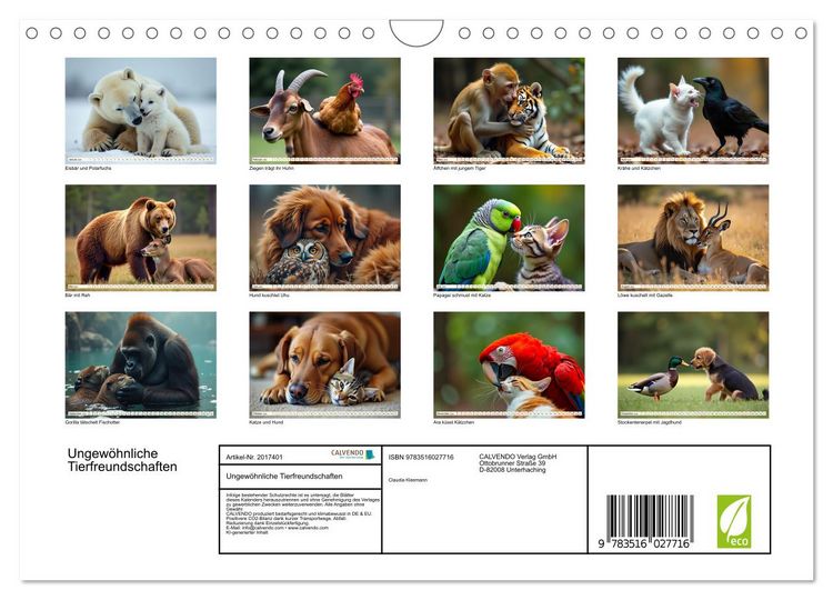 Produktbild: Ungew&ouml;hnliche Tierfreundschaften (Wandkalender 2026 DIN A4 quer), CALVENDO Monatskalender