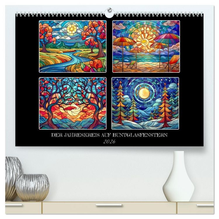 Produktbild: Der Jahreskreis auf Buntglasfenstern (hochwertiger Premium Wandkalender 2026 DIN A2 quer), Kunstdruck in Hochglanz