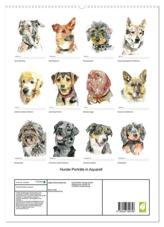 Produktbild: Hunde Portr&auml;ts in Aquarell (hochwertiger Premium Wandkalender 2026 DIN A2 hoch), Kunstdruck in Hochglanz