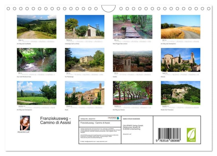 Produktbild: Franziskusweg - Camino di Assisi (Wandkalender 2026 DIN A4 quer), CALVENDO Monatskalender