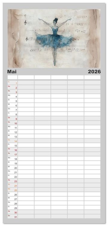 Produktbild: Familienplaner 2026 - Im Pas de Deux mit der Stille mit 5 Spalten (Wandkalender, 21 x 45 cm) CALVENDO