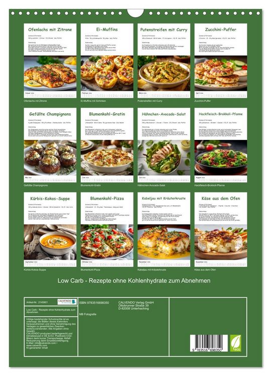 Produktbild: Low Carb - Rezepte ohne Kohlenhydrate zum Abnehmen (Wandkalender 2026 DIN A3 hoch), CALVENDO Monatskalender