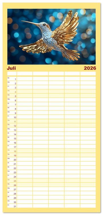 Produktbild: Familienplaner 2026 - Fliegende Kunstwerke - Kolibris mit 5 Spalten (Wandkalender, 21 x 45 cm) CALVENDO