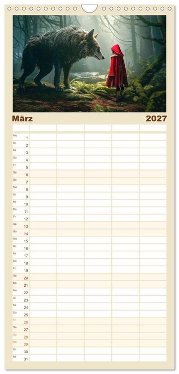 Produktbild: Familienplaner 2027 - Rotk&auml;ppchen und der Wolf mit 5 Spalten (Wandkalender, 21 x 45 cm) CALVENDO