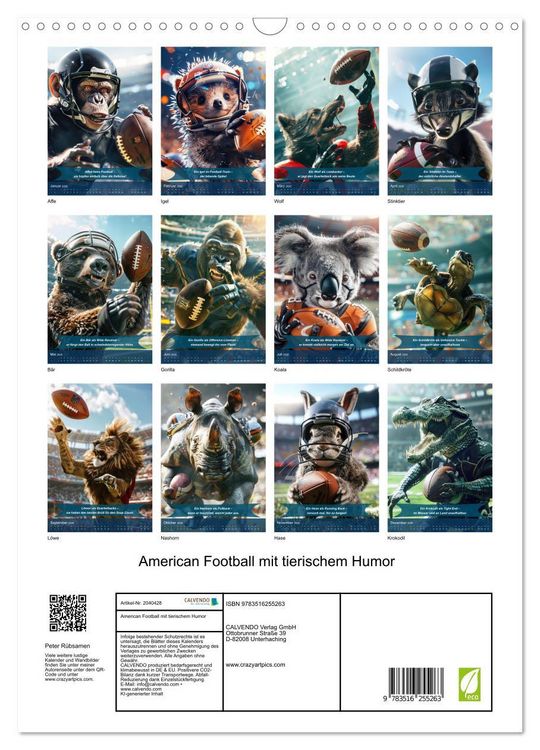 Produktbild: American Football mit tierischem Humor (Wandkalender 2026 DIN A3 hoch), CALVENDO Monatskalender