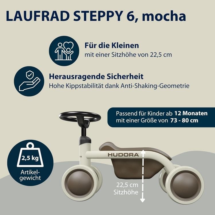 Produktbild: HUDORA 10911 - Laufrad Steppy 6 mocha, Lauflernrad für Kinder von 73-80 cm, Sitzhöhe: 22,5 cm