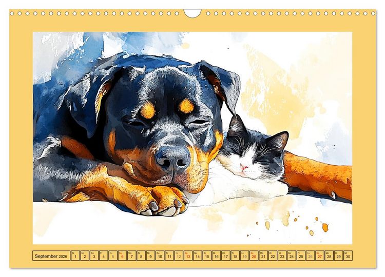Produktbild: Kraftvolle Rottweiler. Stattliche Begleithunde im Aquarell-Stil (Wandkalender 2026 DIN A3 quer), CALVENDO Monatskalender