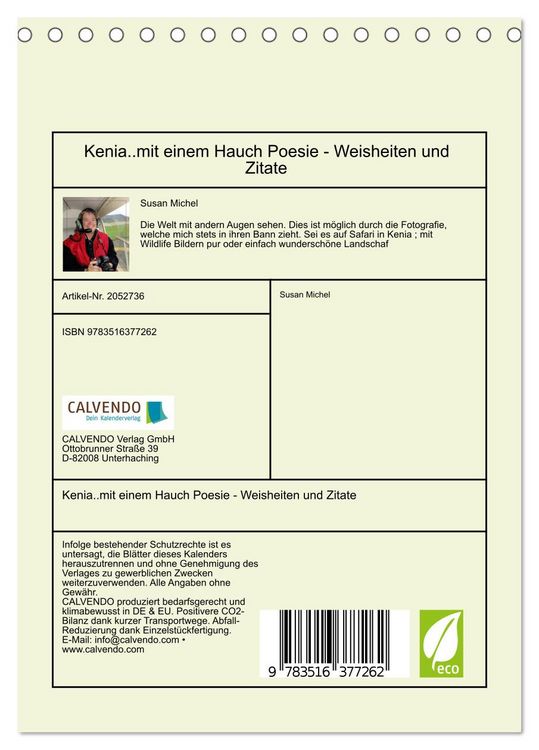 Produktbild: Kenia..mit einem Hauch Poesie - Weisheiten und Zitate (Tischkalender 2026 DIN A5 hoch), CALVENDO Monatskalender