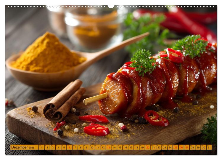 Produktbild: Currywurst Kalender - Das Berliner Kultgericht f&uuml;r Fleischliebhaber (hochwertiger Premium Wandkalender 2026 DIN A2 quer), Kunstdruck in Hochglanz
