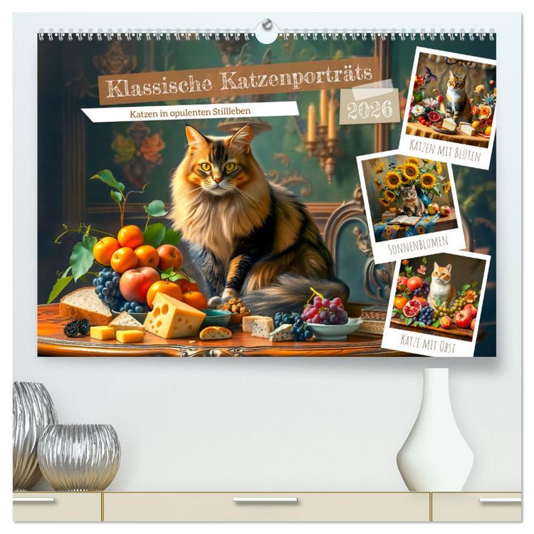 Produktbild: Klassische Katzenportr&auml;ts - Katzen in opulenten Stillleben (hochwertiger Premium Wandkalender 2026 DIN A2 quer), Kunstdruck in Hochglanz