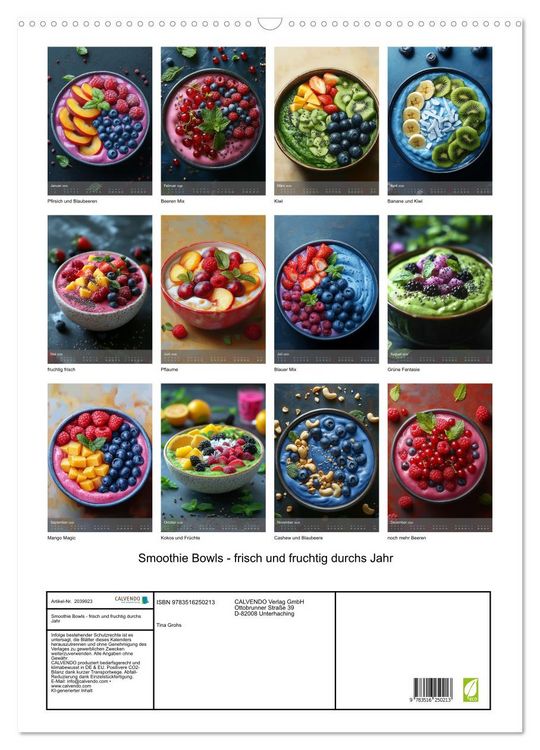 Produktbild: Smoothie Bowls - frisch und fruchtig durchs Jahr (Wandkalender 2026 DIN A2 hoch), CALVENDO Monatskalender